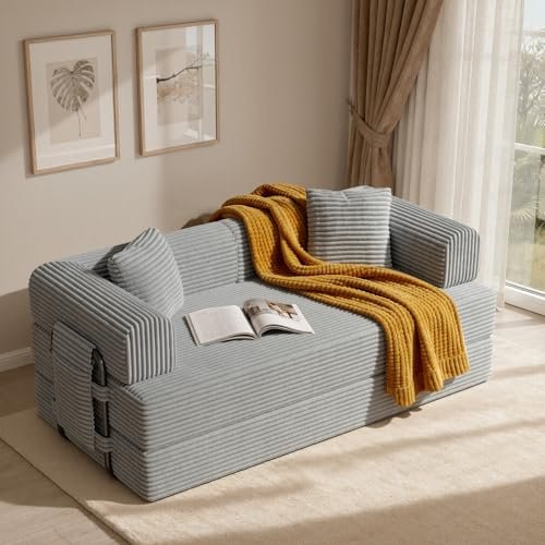 Luxanimarion Convertible Coarser Corduroy Sleeper Sofa Bed with Cylindrical Pillow