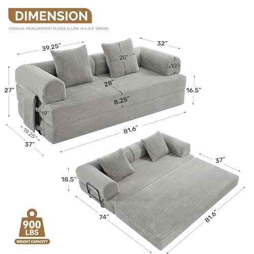 Luxanimarion Convertible Coarser Corduroy Sleeper Sofa Bed with Cylindrical Pillow